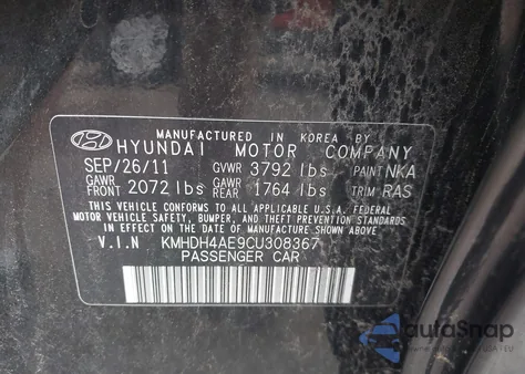 2012 Hyundai Elantra Gls (Ulsan Plant) from USA, damaged, VIN KMHDH4AE9CU308367